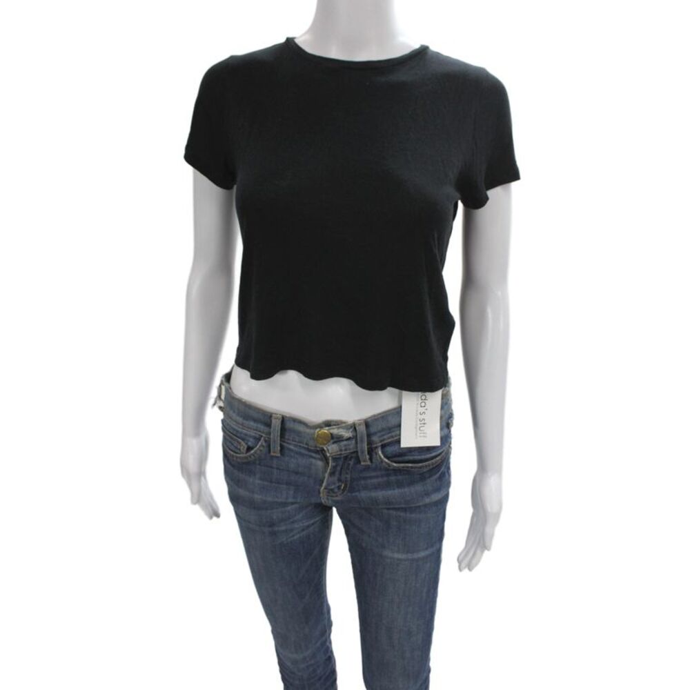 Alice + Olivia Womens Cropped Black Short Sleeve Crew Neck T Shirt Size XS